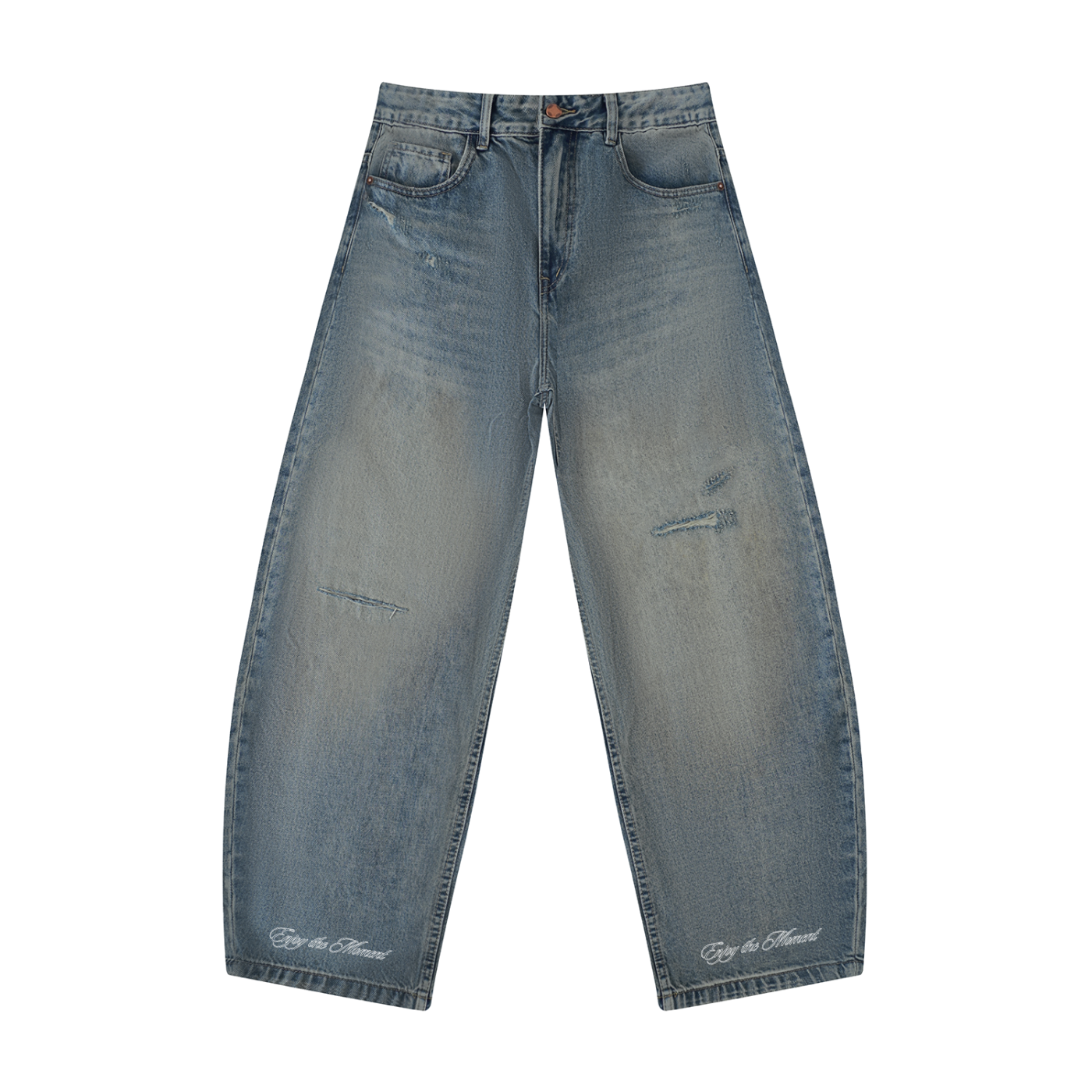 Denim Distressed Barrel Jeans